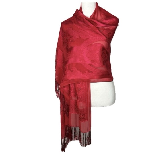 Coldwater Creek Silk Rayon Embossed Sheer Fringe Wrap Scarf Shawl Boho Fairy - Picture 1 of 13